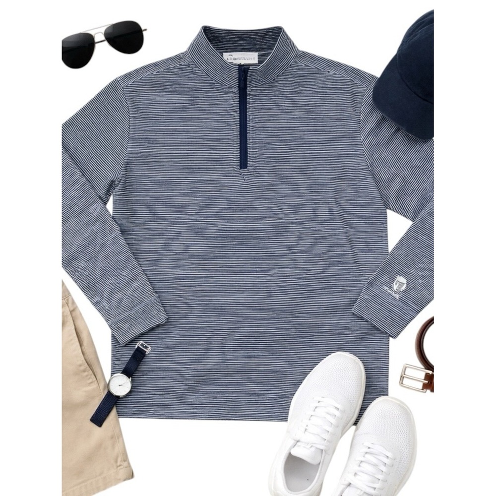 Peter Millar Quarter Zip Pullover Mens L Navy White Striped Performance Golf EUC